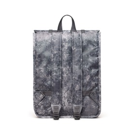 Herschel backpack in Cloud Grid, rear view showing padded straps, carry handle, and grey pixel-camo print exterior.