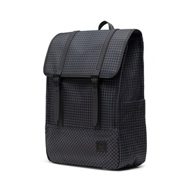 Herschel backpack in Grid Black/Black, structured square silhouette with flap closure, twin buckle straps and tonal black hardware
