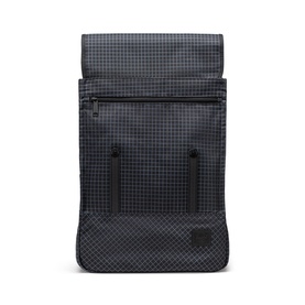 Herschel backpack in Grid Black/Black with foldover top, front zip pocket, and black hardware detail