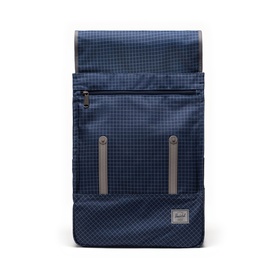 Herschel backpack in Grid Naval Academy, navy grid print, two front zip pockets with grey zip pulls, roll-top style