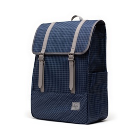 Herschel backpack in Grid Naval Academy, navy blue grid print with grey webbing straps, buckle fastenings and structured square silhouette