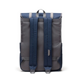 Herschel Grid Naval Academy backpack, rear view showing grey padded straps, roll-top navy grid panel and grey body with silver hardware