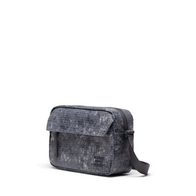 Herschel crossbody bag in Cloud Grid grey geometric print with flap closure and adjustable grey shoulder strap