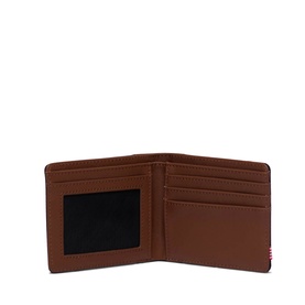 Herschel wallet in black and tan, open to show card slots and ID window in bifold style