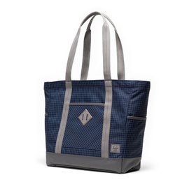 Herschel General Tote in Grid Naval Academy, navy blue grid print with grey base, handles and side pockets