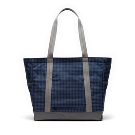 Herschel General Tote in Grid Naval Academy, navy blue grid print with grey webbing handles and grey base panel