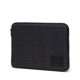 Herschel Laptop Case in Grid Black with black zip, structured rectangular silhouette and logo patch detail