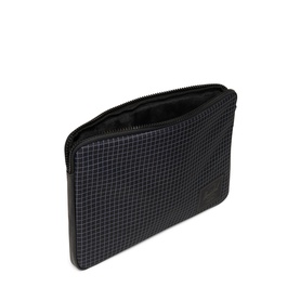 Herschel Laptop Case in Grid Black/Black with zip closure and subtle grid pattern, angled view showing depth