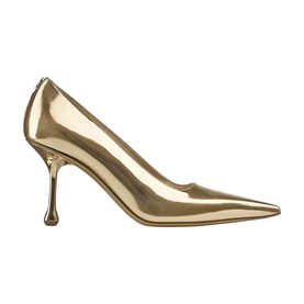 Jimmy Choo gold metallic pointed-toe court shoe with sculptural stiletto heel, side profile view
