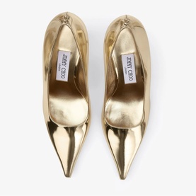 Jimmy Choo gold metallic pointed-toe court heels, overhead view showing mirrored finish and branded insoles