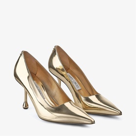 Jimmy Choo gold metallic pointed-toe pumps with sculptural stiletto heel, shown as a pair on a neutral background