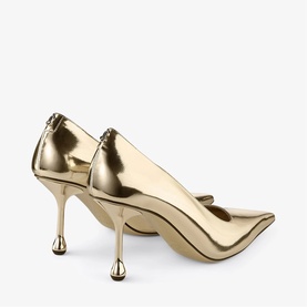 Jimmy Choo gold metallic pointed-toe stiletto pumps with droplet heel, back view showing ruched collar detail