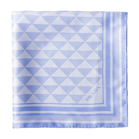 Prada silk pocket square in pale blue with geometric triangle print and striped border, Prada logo at corner