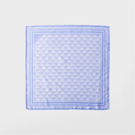 Pale blue silk scarf with all-over triangle geometric print and striped border detail, laid flat