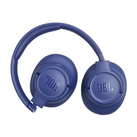 JBL Tune 730BT Wireless On-Ear Headphones in blue, overhead view showing padded ear cups and adjustable headband