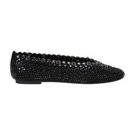 Black embellished ballet flat with all-over crystal and stud detailing, scalloped topline, and thin flat sole