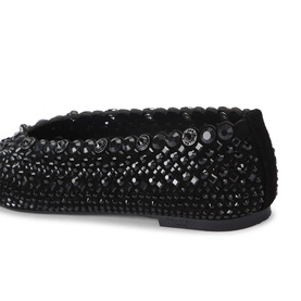 Black crystal-embellished flat ballerina shoe with all-over faceted stone detailing, scalloped edge trim, and thin black sole.