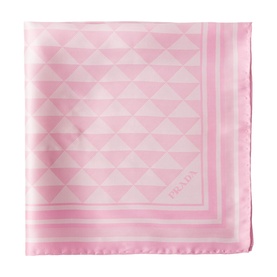 Prada Accessories pink silk scarf with all-over triangle geometric print and striped border trim, laid flat