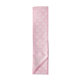 Pink scarf with tonal geometric triangle pattern, folded flat to show full length and texture detail