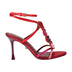 Kurt Geiger London heeled sandal in pink, embellished T-bar strap with crystals and gems, ankle strap fastening, stiletto heel