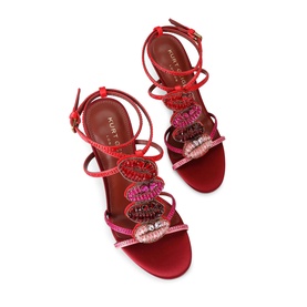 Kurt Geiger London pink strappy sandals with multicolour crystal embellishments, ankle tie fastening, and tan insole, flat lay view