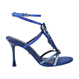 Kurt Geiger London blue satin stiletto sandal with crystal embellishments, braided T-bar strap, ankle buckle fastening, and flared heel.