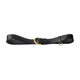 Prada Accessories black leather belt with gold-tone buckle and small ring detail at tail end.
