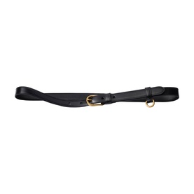 Prada Accessories black leather belt with gold-tone buckle and ring detail, slim profile with tapered end