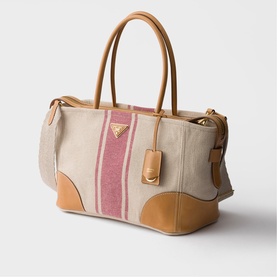 Prada Accessories neutral canvas tote bag with pink stripe detail, tan leather trim and handles, gold triangle logo hardware