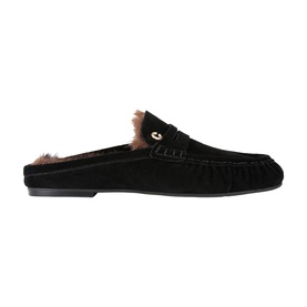 Carvela black suede backless loafer mule with faux fur lining, gold-tone hardware detail, and flat sole