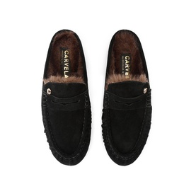 Carvela black suede moccasin slippers with faux fur lining, gold logo hardware, overhead flat lay view.