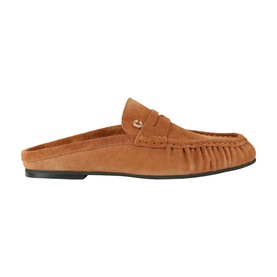 Carvela brown suede penny loafer mule with ruched vamp detail and thin black sole, side profile view.