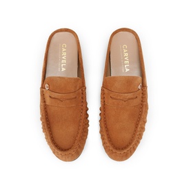 Carvela brown suede penny loafer mules with whipstitch detailing, shown from above on white background.