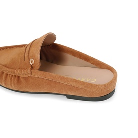 Carvela brown suede penny loafer mule with gold-tone bar detail and flat black sole, angled back view.