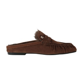 Carvela brown suede mule loafer with faux fur trim, gold-tone bar detail, and flat black sole