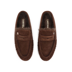 Carvela brown suede moccasin slippers with shearling lining, penny strap detail and gold C logo hardware, overhead view.
