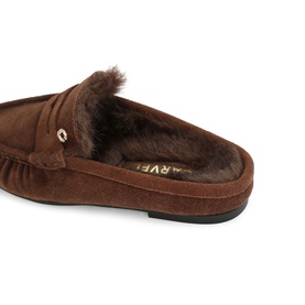 Carvela brown suede mule slipper with faux fur lining, gold-tone hardware detail and black sole, close-up view.