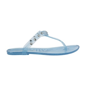 Kurt Geiger London blue jelly thong sandal with silver stud embellishments on strap, flat transparent sole