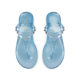 Kurt Geiger London blue jelly thong sandals with silver stud embellishments, flat sole, overhead view
