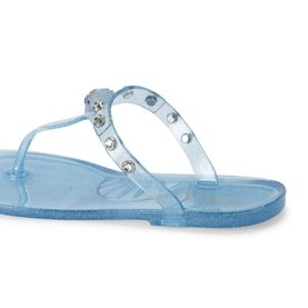Kurt Geiger London blue jelly thong sandal with crystal stud embellishment on T-bar strap and transparent sole