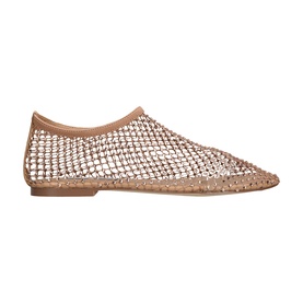 Steve Madden white crystal embellished mesh flat shoe with pointed toe and nude lining, side profile view