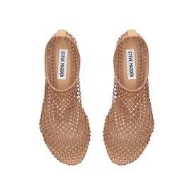 Steve Madden white crystal embellished mesh flat sandals, top-down view showing open-toe silhouette and rhinestone detailing