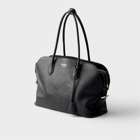 Prada Accessories black saffiano leather tote bag with dual top handles and gold-tone hardware zipper detail
