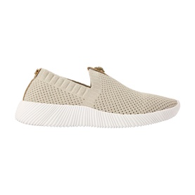 Kurt Geiger London gold knit slip-on trainer with white chunky sole and metallic heel detail