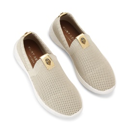 Kurt Geiger London gold perforated knit slip-on trainers with gold hardware detail and white flatform sole