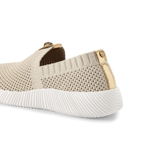 Kurt Geiger London gold knit slip-on trainer with gold hardware detail and white sole, rear three-quarter view