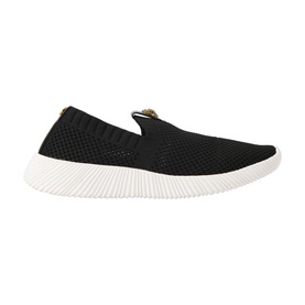 Kurt Geiger London black knit slip-on trainer with gold embellishment and white sole, women's shoe