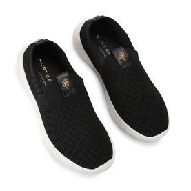 Kurt Geiger London black knit slip-on trainers with gold lion badge detail and white flatform sole, overhead view