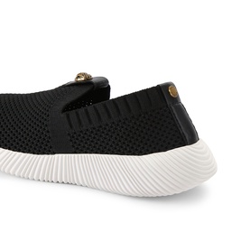 Kurt Geiger London black knit slip-on trainer with gold hardware detail and white chunky sole, rear quarter view