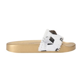 Kurt Geiger London white slide sandal with embellished floral strap detail and gold flat sole